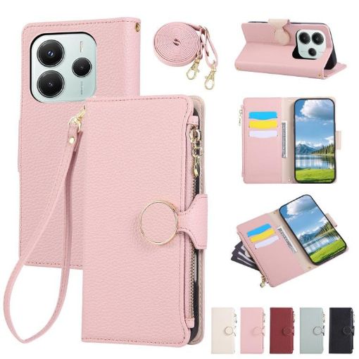 Redmi Note 14 5G Pink Leather Wallet Case with Crossbody Strap - 1
