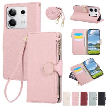 Redmi Note 13 4G Pink Leather Wallet Case with Crossbody Strap - 1
