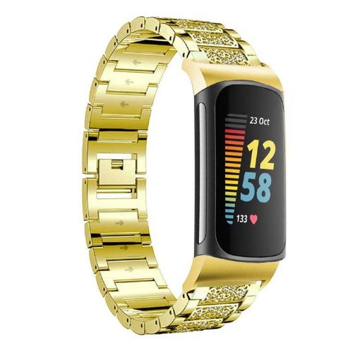 Fitbit Charge 6/5 Gold Diamond Jewelry Stainless Steel Watch Band 18mm - 1