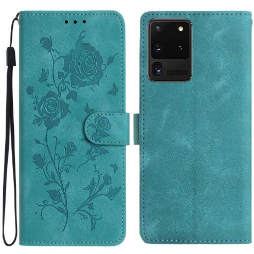 Samsung Galaxy S20 Ultra 5G Green Rose Embossed Leather Phone Case - 1