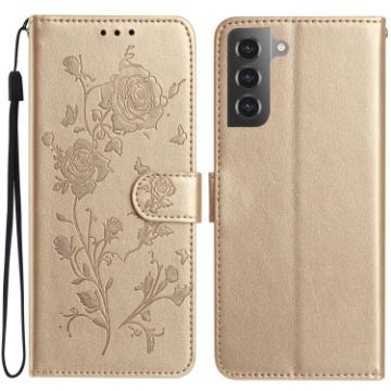 Samsung Galaxy S21 5G Gold Rose Flower Embossed Leather Phone Case - 1