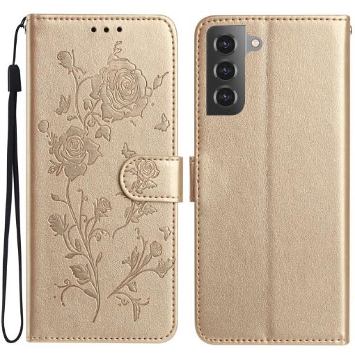 Samsung Galaxy S21 5G Gold Rose Flower Embossed Leather Phone Case - 1