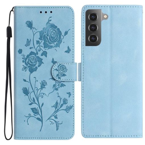 Samsung Galaxy S21+ 5G Leather Case, Rose Flower Embossed, Sky Blue - 1