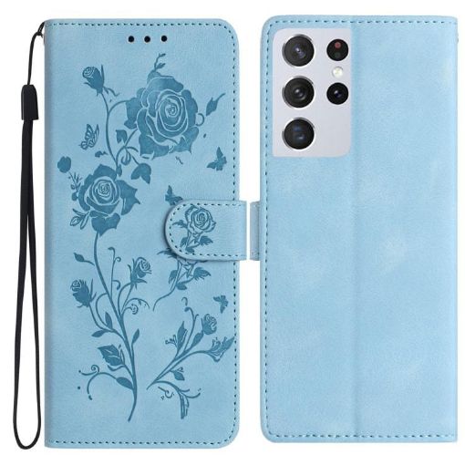 Samsung Galaxy S21 Ultra 5G Leather Case Rose Flower Embossing Sky Blue - 1