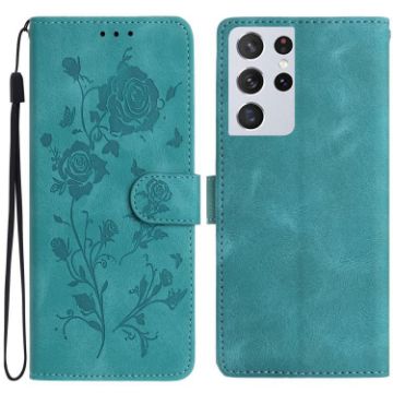 Samsung Galaxy S21 Ultra 5G Green Rose Embossed Leather Phone Case - 1