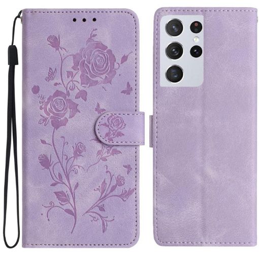 Samsung Galaxy S21 Ultra 5G Light Purple Rose Embossed Leather Case - 1