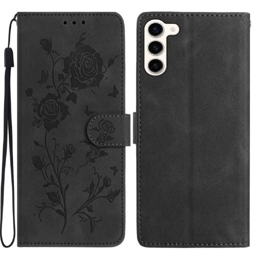 Samsung Galaxy S23 5G Black Rose Flower Embossed Leather Phone Case - 1