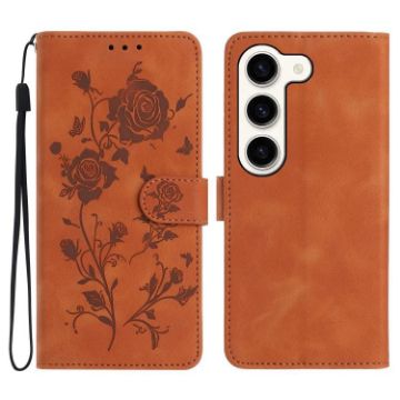 Samsung Galaxy S23 5G Brown Rose Flower Embossed Leather Phone Case - 1