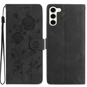 Samsung Galaxy S23+ 5G Black Leather Case with Rose Flower Embossing - 1