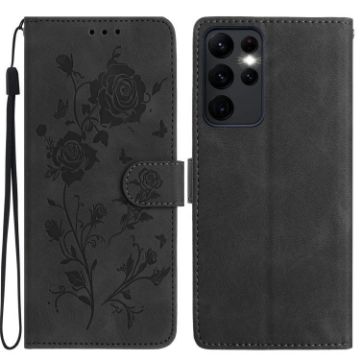 Samsung Galaxy S23 Ultra 5G Black Rose Embossed Leather Phone Case - 1