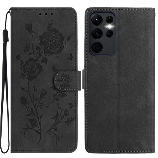 Samsung Galaxy S23 Ultra 5G Black Rose Embossed Leather Phone Case - 1