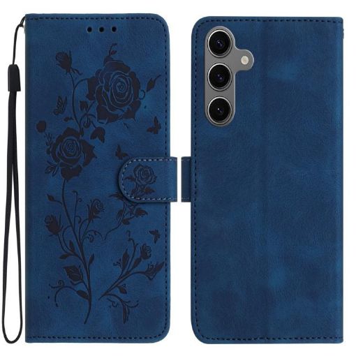 Samsung Galaxy S24 5G Dark Blue Rose Embossed Leather Phone Case - 1