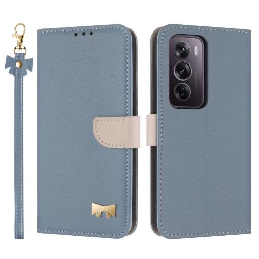 OPPO Reno12 Pro 5G Light Blue Leather Phone Case with Hand Strap - 1