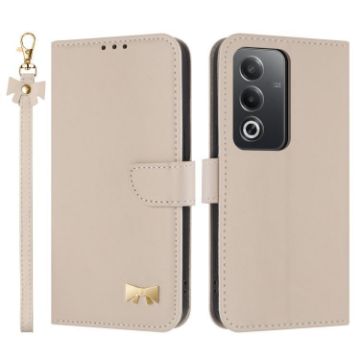 OPPO A5/A3 Global Metal Bow Leather Phone Case with Hand Strap Apricot - 1