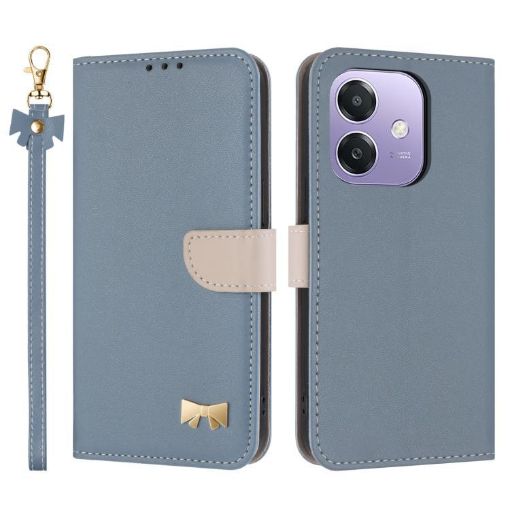 OPPO A40/A60 Light Blue Leather Phone Case with Hand Strap - 1
