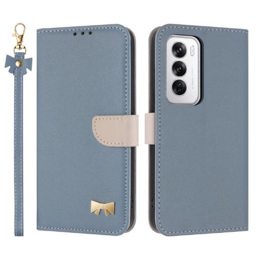 OPPO Reno12 5G Global Leather Phone Case with Hand Strap - Light Blue - 1