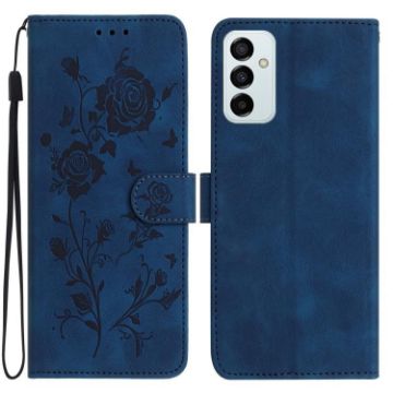 Samsung Galaxy M23 Dark Blue Rose Embossed Leather Phone Case - 1