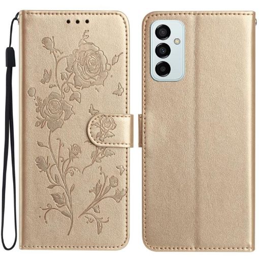 Samsung Galaxy M23 Gold Leather Case with Rose Flower Embossing Pattern - 1