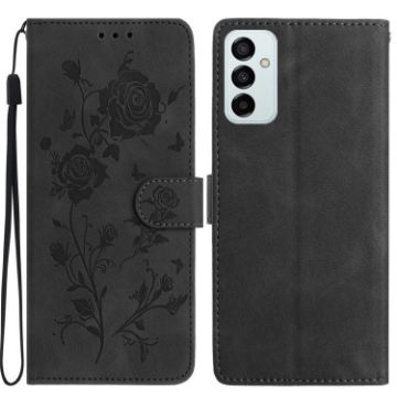 Samsung Galaxy M23 Black Leather Case with Rose Flower Embossing Pattern - 1
