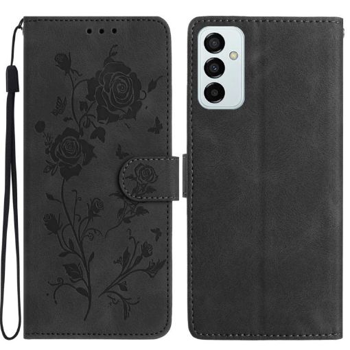 Samsung Galaxy M23 Black Leather Case with Rose Flower Embossing Pattern - 1