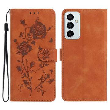 Samsung Galaxy M52 Brown Leather Case with Rose Flower Embossing - 1