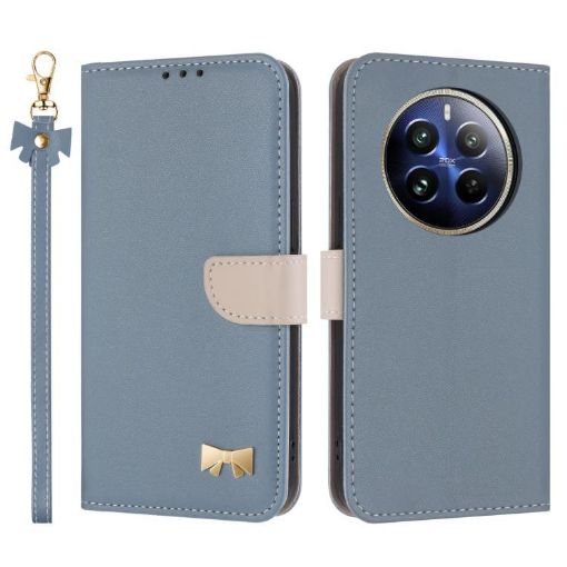 Realme 12+ 5G/12 4G/P1 Light Blue Leather Phone Case with Hand Strap - 1