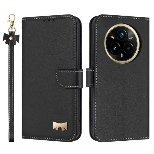 Realme 14 Pro 5G Black Metal Bow Leather Case with Hand Strap - 1