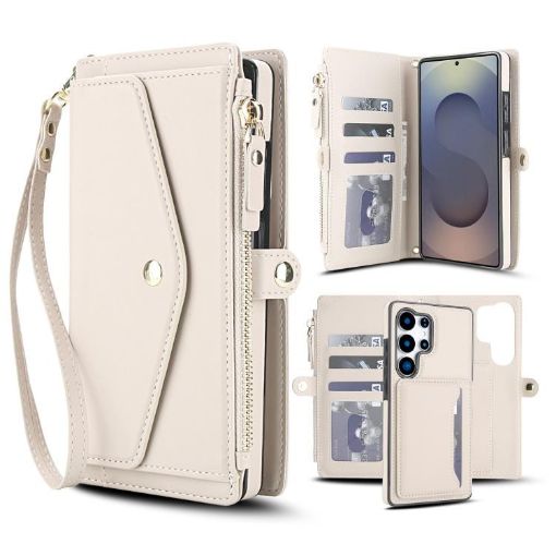 Samsung Galaxy S25 Ultra 5G Wallet Leather Phone Case with Lanyard White - 1
