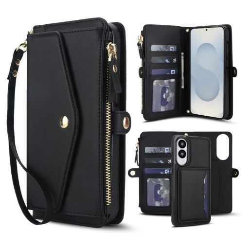 Samsung Galaxy S25 Edge 5G Wallet Leather Phone Case with Lanyard (Black) - 1