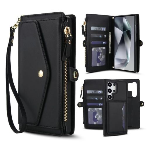 Samsung Galaxy S24 Ultra 5G Wallet Leather Phone Case with Lanyard (Black) - 1