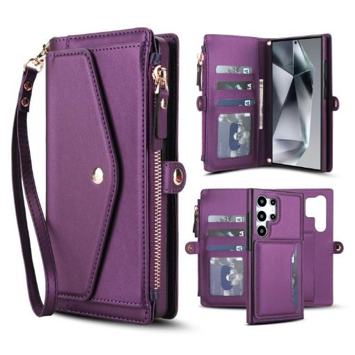 Samsung Galaxy S24 Ultra 5G Wallet Leather Case with Lanyard, Dark Purple - 1