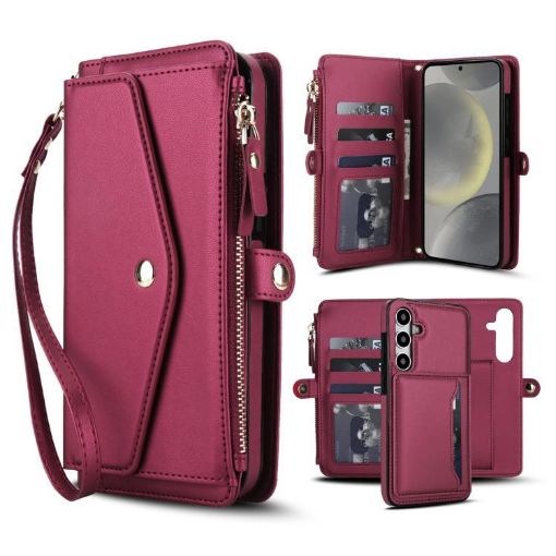 Samsung Galaxy S24+ 5G Red Leather Wallet Phone Case with Lanyard - 1