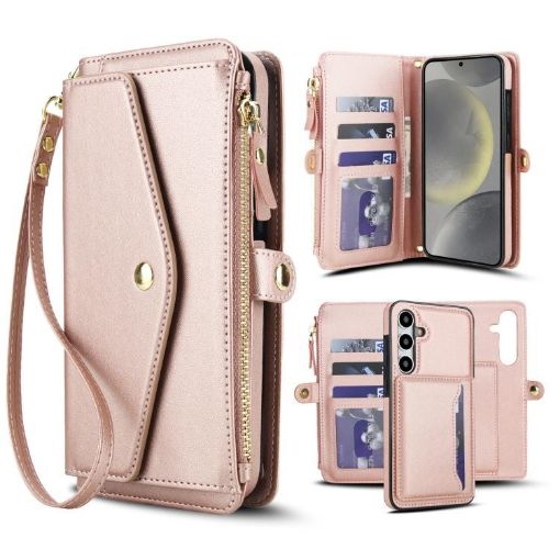 Samsung Galaxy S24+ 5G Wallet Leather Phone Case with Lanyard Rose Gold - 1