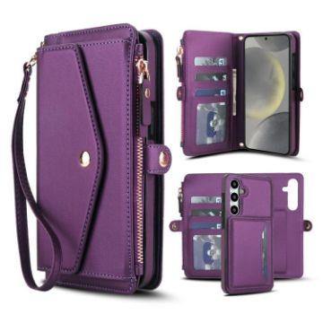Samsung Galaxy S24 5G Wallet Leather Phone Case with Lanyard, Purple - 1