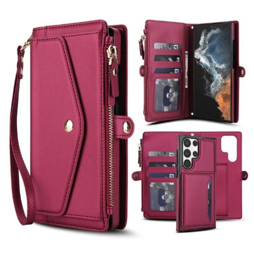 Samsung Galaxy S22 Ultra 5G Red Leather Wallet Case with Lanyard - 1