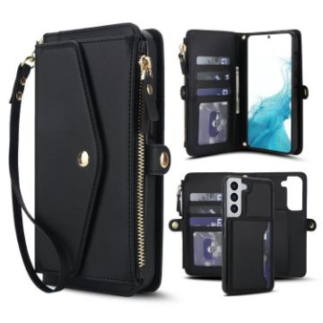 Samsung Galaxy S22 5G Wallet Detachable Leather Case with Lanyard (Black) - 1