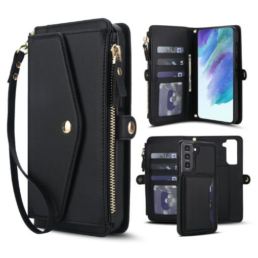Samsung Galaxy S21 FE 5G Wallet Leather Phone Case with Lanyard (Black) - 1