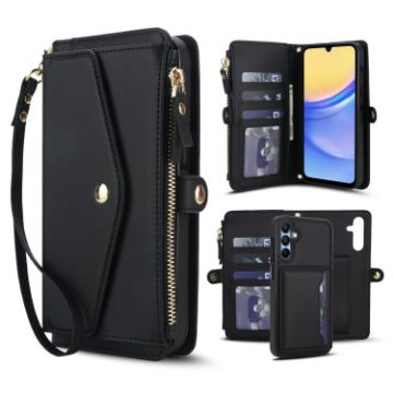 Samsung Galaxy A35 5G Wallet Detachable Leather Case with Lanyard - Black - 1