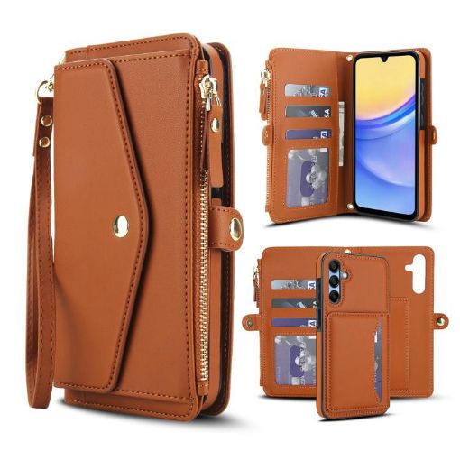 Samsung Galaxy A35 5G Wallet Detachable Leather Case with Lanyard Brown - 1