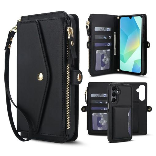 Samsung Galaxy A54 5G Wallet Case, Detachable Leather with Lanyard, Black - 1