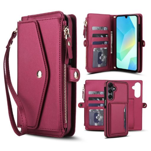 Samsung Galaxy A54 5G Red Leather Wallet Phone Case with Lanyard - 1