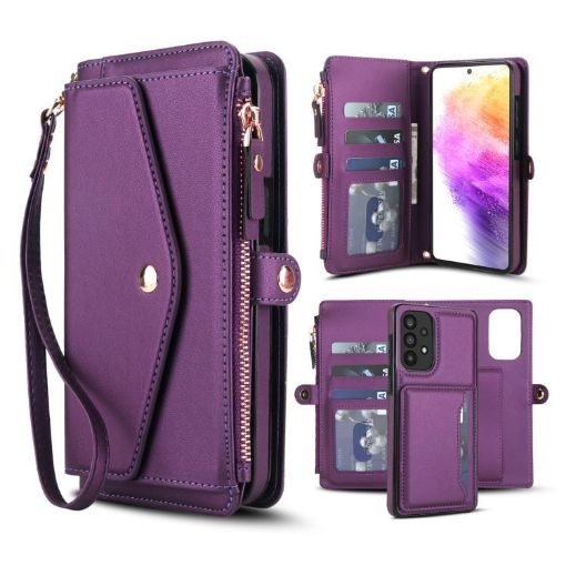Samsung Galaxy A72 5G Wallet Leather Phone Case with Lanyard, Purple - 1