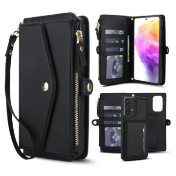 Samsung Galaxy A73 5G Wallet Detachable Leather Case with Lanyard (Black) - 1