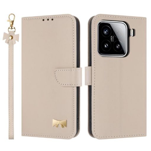 Xiaomi 15 Apricot Leather Phone Case with Metal Bow & Hand Strap - 1