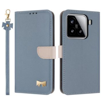 Xiaomi 15 Light Blue Metal Bow Leather Phone Case with Hand Strap - 1