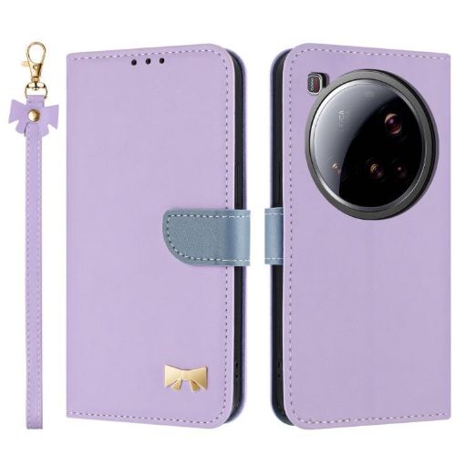 Xiaomi 15 Ultra Purple Metal Bow Leather Phone Case with Hand Strap - 1